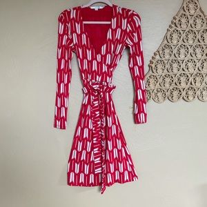 Boden Red Print V Neck Wrap Dress, Size 8